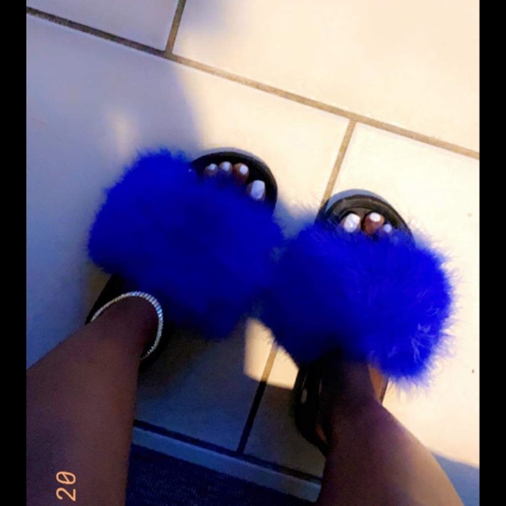 Royal Blue Fur Slides